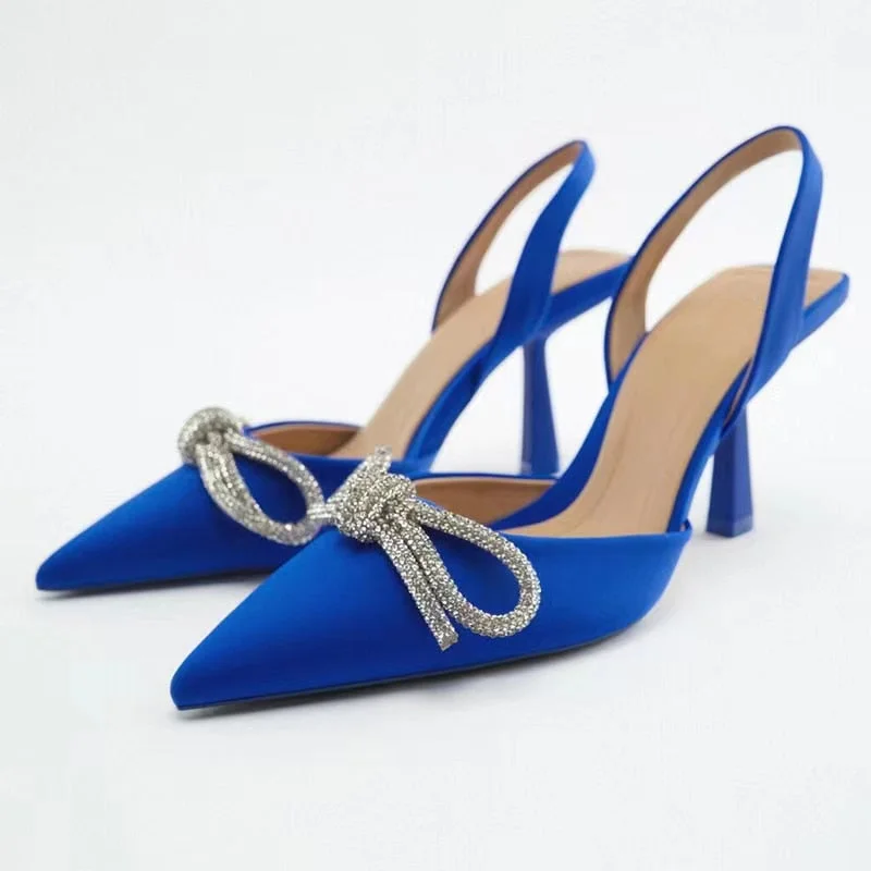 Women Blue Slingback Pumps High Heels Crystal Bowknot Party Dress Shoes Woman Sexy Pointed Toe Stiletto Heel Sandals Summer Tunics Trousers formal