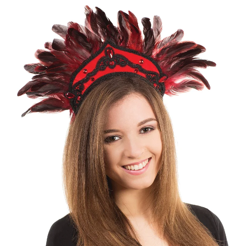 Womens Carnival Headdress Black Red Feathers Costume Accessories Female Halloween Shift Classic Vintage