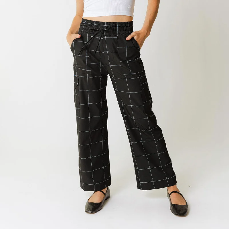 Audrey Cargo Trouser, Black Windowpane Trousers Satin Smooth