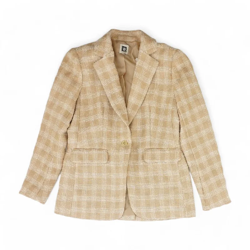 Beige Plaid Blazer Women's Leather Blazer