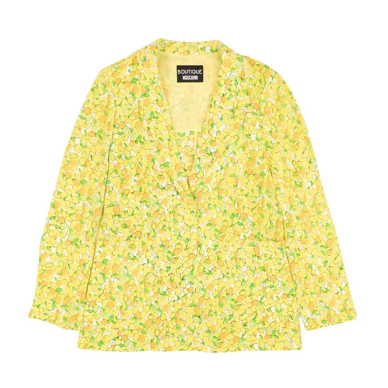 BOUTIQUE MOSCHINO Yellow Lemon Print Silk Blazer Women's Elegant Suit