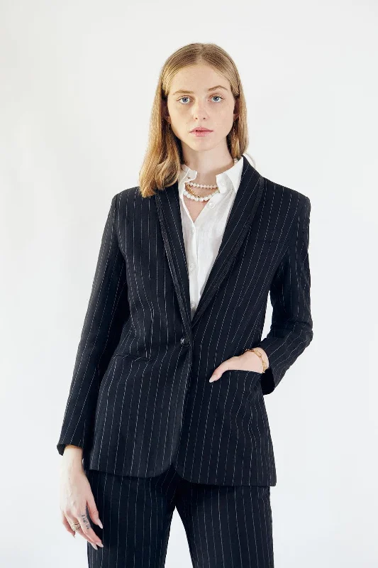 Black Pinstripes Oversize Blazer Silk Women's Blazer