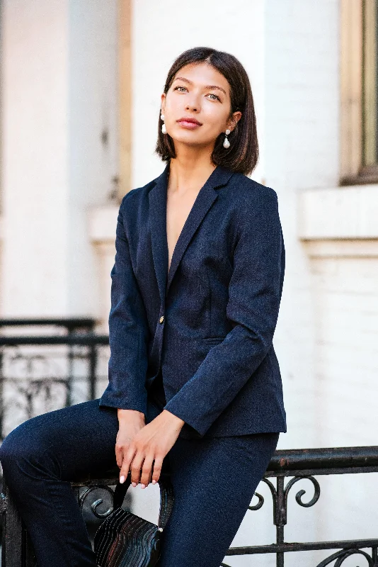 Navy Peak-Lapels Single-Breasted Blazer Fashion Women's Blazer