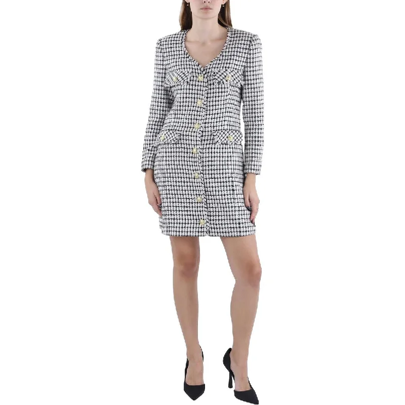 Womens Frayed Hem Checkered Collarless Blazer Women's Elegant Jacket