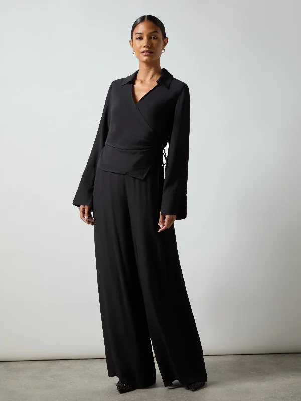 Black Crepe Wide Leg Trouser Chinos Cotton Straight Leg