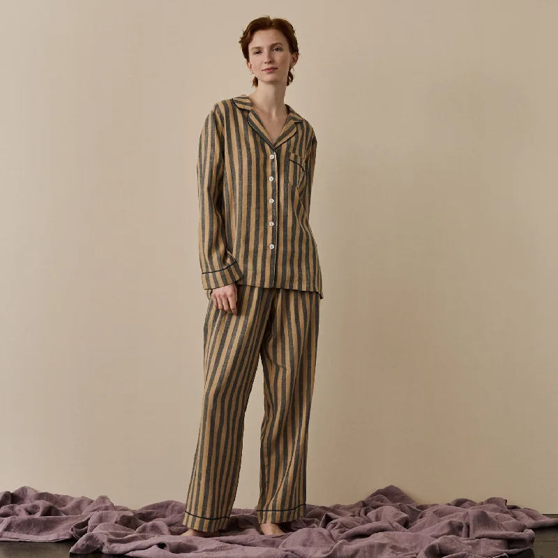 Blue & Porcini Striped Linen Women's PJ Trouser Set Trousers Handmade Artisanal