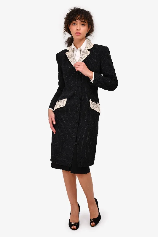 Christian Dior by John Galliano Vintage Black Pinstripe Wool Blazer Dress With Cream Lace Trim Size 6 US Women's Navy Jacket