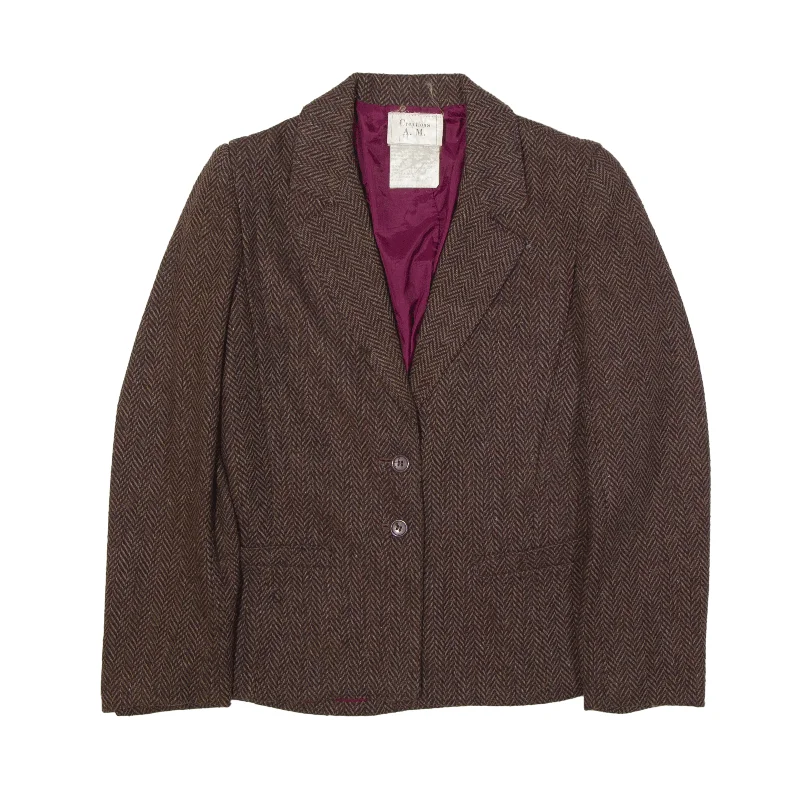 CREATIONS A.M Blazer Jacket Brown Wool 90s Herringbone Womens XS Women's Vintage Jacket