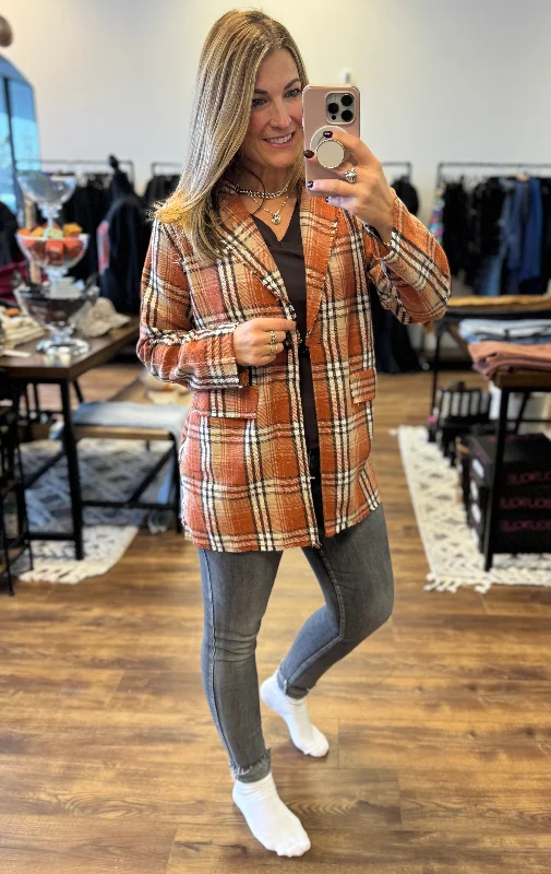 Pull It Together Plaid Blazer - Rust Plaid Women's Navy Jacket