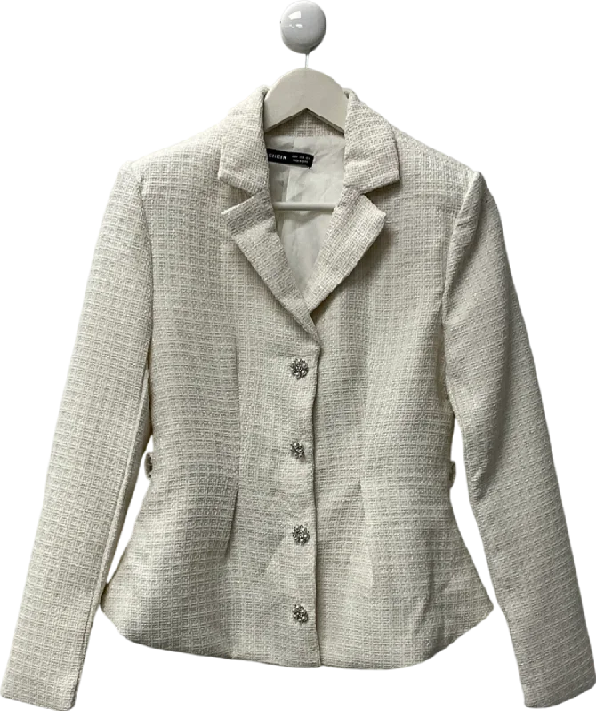 SHEIN White Raffinéa Women's Casual Tweed Blazer Jacket UK S Women's Formal Blazer