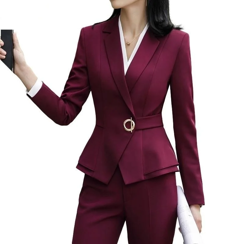 Winter Formal Long Sleeve Slim Blazer and Trousers Suit for Office Ladies Women's Simple Jacket