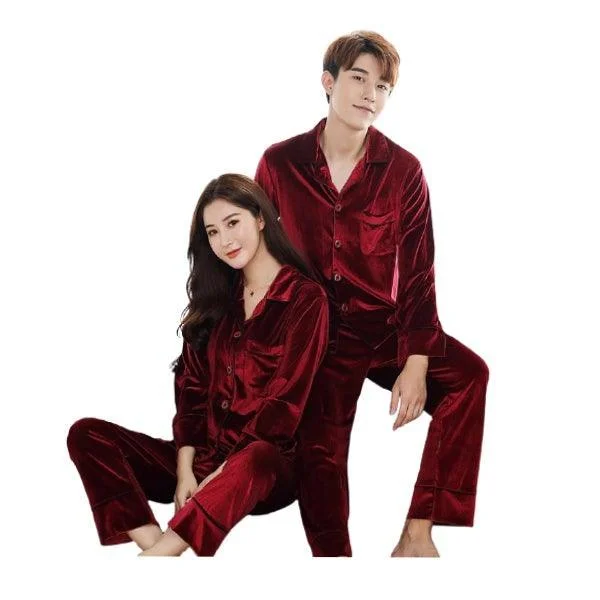 Winter Velvet Long Sleeved Shirt Pajama Set For Couples Fornt open Shirt With Trouser Sleepwear Trousers Seasonal Trendy