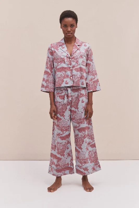 Boxy Shirt and Wide Leg Trouser Set Loxodonta Print Chambray/Red Trousers Summer Linen