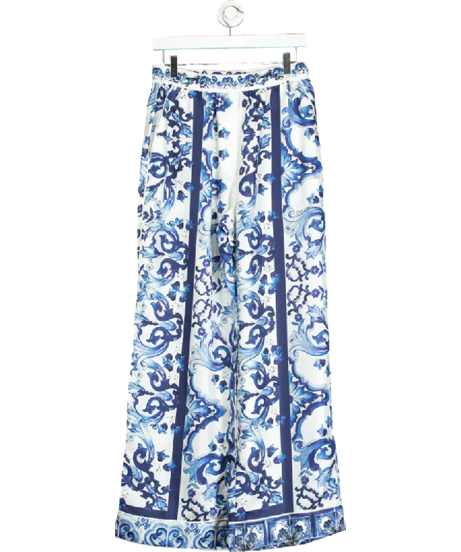 Dolce & Gabbana Blue Silk Printed Wide Leg Trouser W31 Trousers Elastic Waist Soft